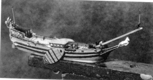  The hull of the model of 17th century royal yacht 'Mary' awaiting rigging and bottling. 